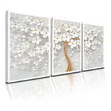 Quadros Decorativos Cerejeira Floral Branco Dourado Sala Hal
