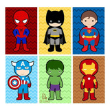 Quadros Decorativos Super Heróis Quarto Menino Kit 6-20x30 Cor Preto Armação Preto