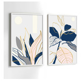 Quadros Moldura Sala Abstrato Folhas Azul Kit 2 Conjunto