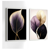 Quadros Moldura Sala Floral Dourado Folhas Kit 2 Conjunto
