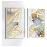 Quadros Moldura Sala Folhas Azul Dourada Kit 2 Conjunto