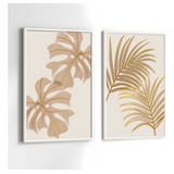 Quadros Moldura Sala Folhas Marrom Dourada Kit 2 Conjunto