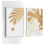 Quadros Moldura Sala Folhas Planta Dourada Kit 2 Conjunto