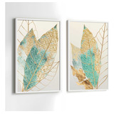 Quadros Moldura Sala Folhas Verde E Dourada Kit 2 Conjunto