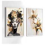 Quadros Moldura Sala Mulher Folhas Douradas Kit 2 Conjunto