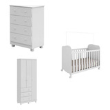 Quarto Bebê Completo Guarda Roupa 3 Pts Cômoda Berço Branco