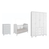 Quarto De Bebê Guarda Roupa 4 Pts Cômoda Berço Peroba Branco
