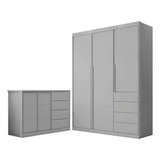 Quarto Infantil Guarda Roupa 3 Portas E Cômoda Perola Cinza