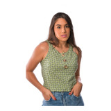 Regata Alça Larga Estampada Botões Vicose Kit 3 Peças