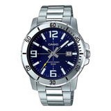 Relgio Casio Collection Masculino Prata Mtp vd01d 7evudf br Correia Prateado Bisel Prateado Fundo Azul marinho