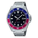 Relógio Casio Duro 200m Masculino Mdv-107d-1a3vdf Correia Prateado Bisel Vermelho E Azul Fundo Preto