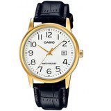 Relógio Casio Masculino Collection Couro Mtp-v002gl-7b2udf Cor Da Correia Preto Cor Do Bisel Dourado Cor Do Fundo Branco
