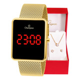 Relógio Champion Feminino Digital Quadrado Dourado Led 