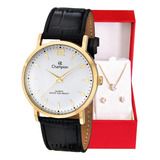 Relógio Champion Feminino Dourado Couro + Colar E Brincos Cor Da Correia Preto 2 Cor Do Fundo Branco
