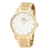 Relogio Champion Feminino Dourado Grande Strass Cn26224h