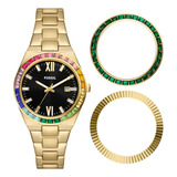 Relógio De Pulso Analógico Fossil Es5311set Para Mulheres, Fundo Preto, Com Pulseira De Aço Inoxidável Dourado, Moldura Dourada E Dobrável