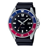 Relógio De Pulso Casio Mdv-107 Com Corria De Resina Cor Preto - Bisel Azul/bordô