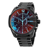 Relógio De Pulso Diesel Mega Chief Dz4318 Com Corpo Preto, Analógico, Para Masculino, Fundo Preto, Com Correia De Aço Cor Preto, Agulhas Cor Azul E Preto, Subdials De Cor Azul, Subesferas Cor Preto 