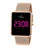 Relógio De Pulso Digital Champion Ch40080 Com Corria De Aço Cor Ouro Rosa - Fondo Preto