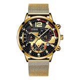 Relógio De Pulso Masculino Pulseira Aço Inox Deyros Cor Da Correia Dourado Cor Do Fundo Preto