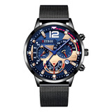 Relógio De Pulso Masculino Pulseira Aço Inox Deyros Cor Da Correia Preto E Azul Cor Do Fundo Azul