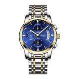 Relógio De Pulso Nibosi Ni2353 Com Corria De Aço Inoxidável Cor Prateado/dourado - Fondo Azul - Bisel Dourado