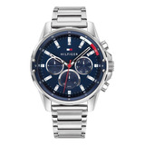 Relógio De Pulso Tommy Hilfiger Mason 1791788 Com Corpo Prateado, Analógico, Para Masculino, Fundo Azul, Com Correia De Aço Inoxidável Cor Prateado, Agulhas Cor Prateado E Vermelho, Subdials De Cor 