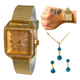 Relógio Dourado Feminino Minimalista E Conjunto