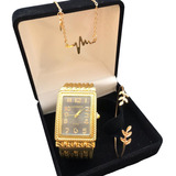 Relógio Feminino Analógico Dourado Lindo Presente Kit