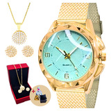 Relógio Feminino+ Colar Pingente E Brincos Folheado A Ouro 