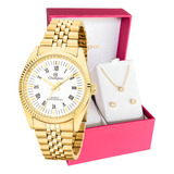 Relógio Feminino Dourado Champion Luxo + Colar E Brincos 18k