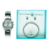 Relógio Feminino + Kit Pulseira Colar Brinco Anel Folheado