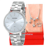Relógio Feminino Mondaine Original + Pulseira Berloques Cor Da Correia Prateado Cor Do Bisel Prateado