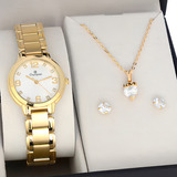 Relogio Feminino Pequeno Champion Dourado + Kit Semi Joia Cor Do Fundo Prateado