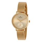 Relógio Feminino Slim Dourado Vidro Safira Pulseira Telinha
