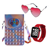 Relógio Led Infantil Menina + Óculos De Sol + Bolsa Pop-it