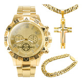 Relógio Masculino Banhado A Ouro + Colar + Pulseira + Caixa