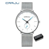 Relógio Masculino Casual A Prova D'água Crrju Ultra Fino Cor Da Correia Prateado Cor Do Bisel Azul Cor Do Fundo Branco
