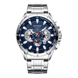 Relógio Masculino Curren 8363 Azul Pulseira Aço Original Cor Da Correia Prateado