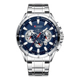 Relógio Masculino Curren 8363 Azul Pulseira Aço Original Cor Da Correia Prateado