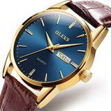 Relógio Masculino Dourado Social Olevs Pulseira Couro Luxo Cor Da Correia Marrom Cor Do Fundo Azul