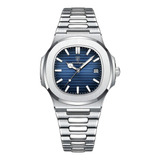 Relgio Poedagar Masculino Old Money Cor Da Correia Prateado Fundo Azul marinho
