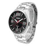 Relógio Pulso Masculino Orient Casual Moderno Prova D'água Cor Da Correia Prateado Cor Do Bisel Prateado Cor Do Fundo Preto C/ Vermelho