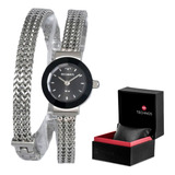 Relogio Technos Pequeno Feminino Pulseira Aço + Brinco