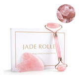 Rolo Massageador Facial Quartzo Rosa Jade + Gua Sha + Caixa