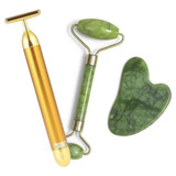 Rolo Massageador Pedra De Jade + Placa Gua Sha Com Rolo Mass