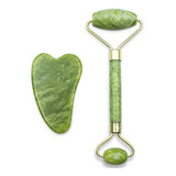 Rolo Pedra De Jade Massageador + Placa Gua Sha Anti Estresse