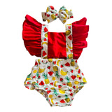 Romper Jardineira Body Conjunto Bebê Menina Saia Frutas Luxo