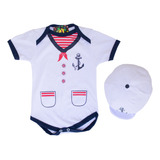 Roupa Bebê Body Fantasia Com Boina 100% Algodão Marinheiro