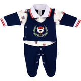 Roupa Bebê Macacão Menino Longo Algodão Bordado Marinheiro 